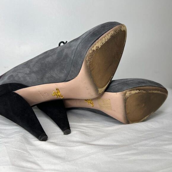 Prada Women's Gray Suede Lace-Up Booties Size 37.5 Italy High Heel Platform - Picture 6 of 10